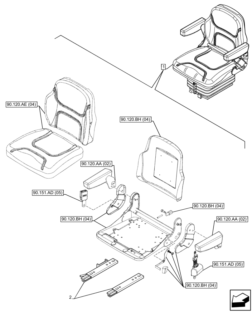 Схема запчастей Case IH FARMALL 75C - (90.120.BA[04]) - VAR - 331156 - DRIVER SEAT (W/ ARMREST), RAIL ASSY, W/O CAB (90) - PLATFORM, CAB, BODYWORK AND DECALS