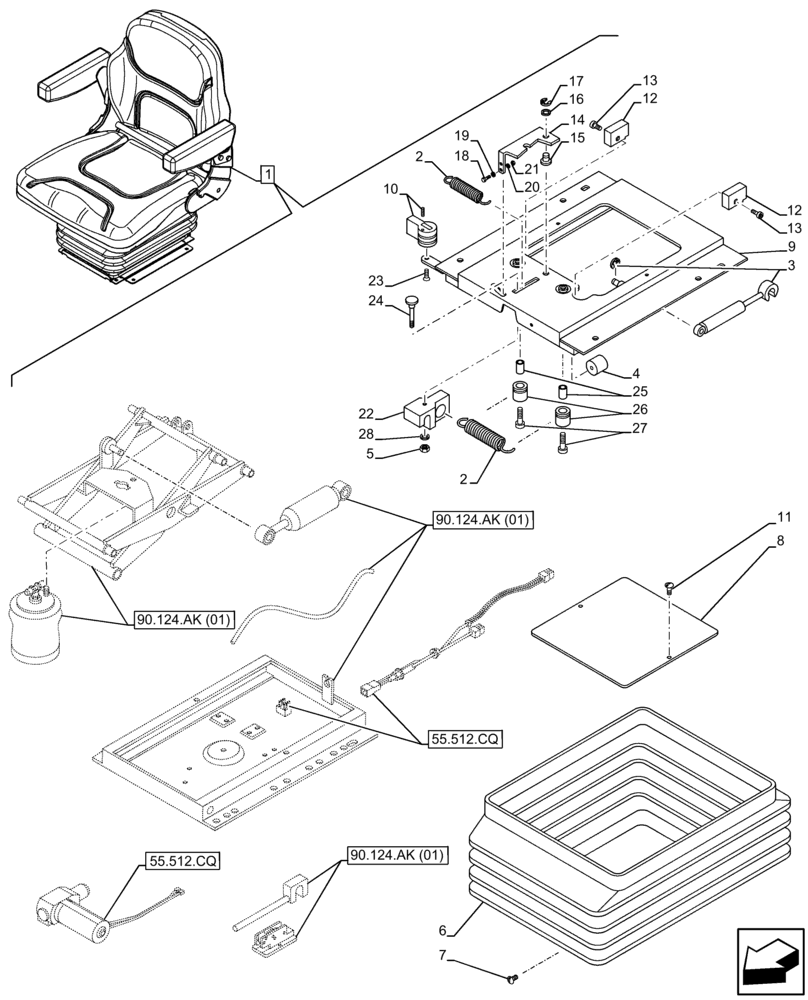 Схема запчастей Case IH FARMALL 75C - (90.124.AK[02]) - VAR - 331850 - DRIVER SEAT (W/ ARMREST), SUSPENSION, COMPONENTS, CAB (90) - PLATFORM, CAB, BODYWORK AND DECALS