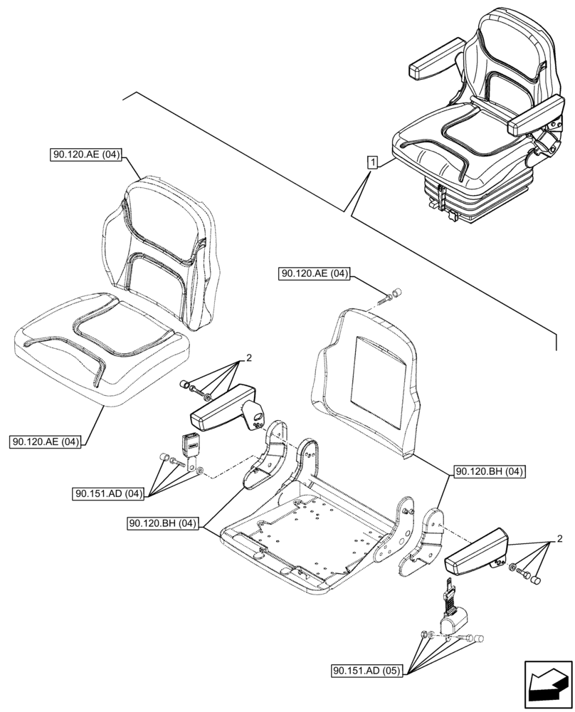 Схема запчастей Case IH FARMALL 75C - (90.120.AA[02]) - VAR - 331156 - DRIVER SEAT, ARMREST, W/O CAB (90) - PLATFORM, CAB, BODYWORK AND DECALS