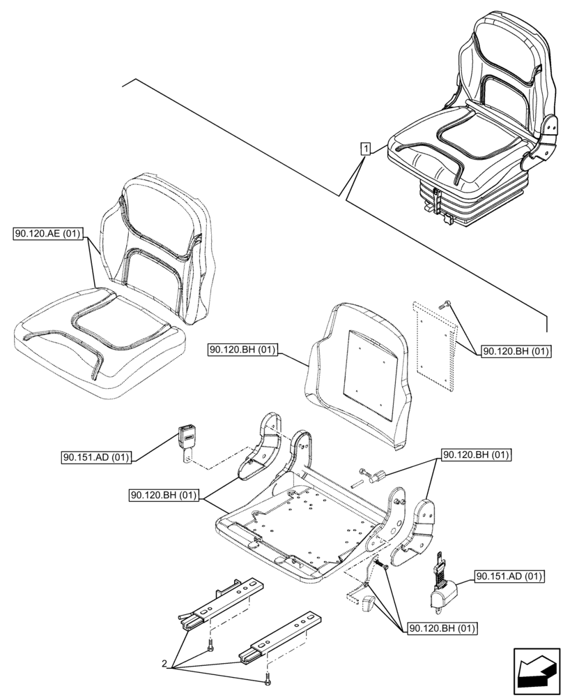 Схема запчастей Case IH FARMALL 65C - (90.120.BA[01]) - VAR - 391684 - DRIVER SEAT, RAIL ASSY, CAB (90) - PLATFORM, CAB, BODYWORK AND DECALS