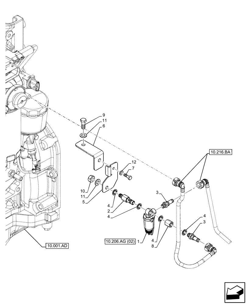 Схема запчастей Case IH FARMALL 75C - (10.206.AG[01]) - VAR - 332136, 390210, 743543, 744574 - FUEL FILTER, SUPPORT (10) - ENGINE