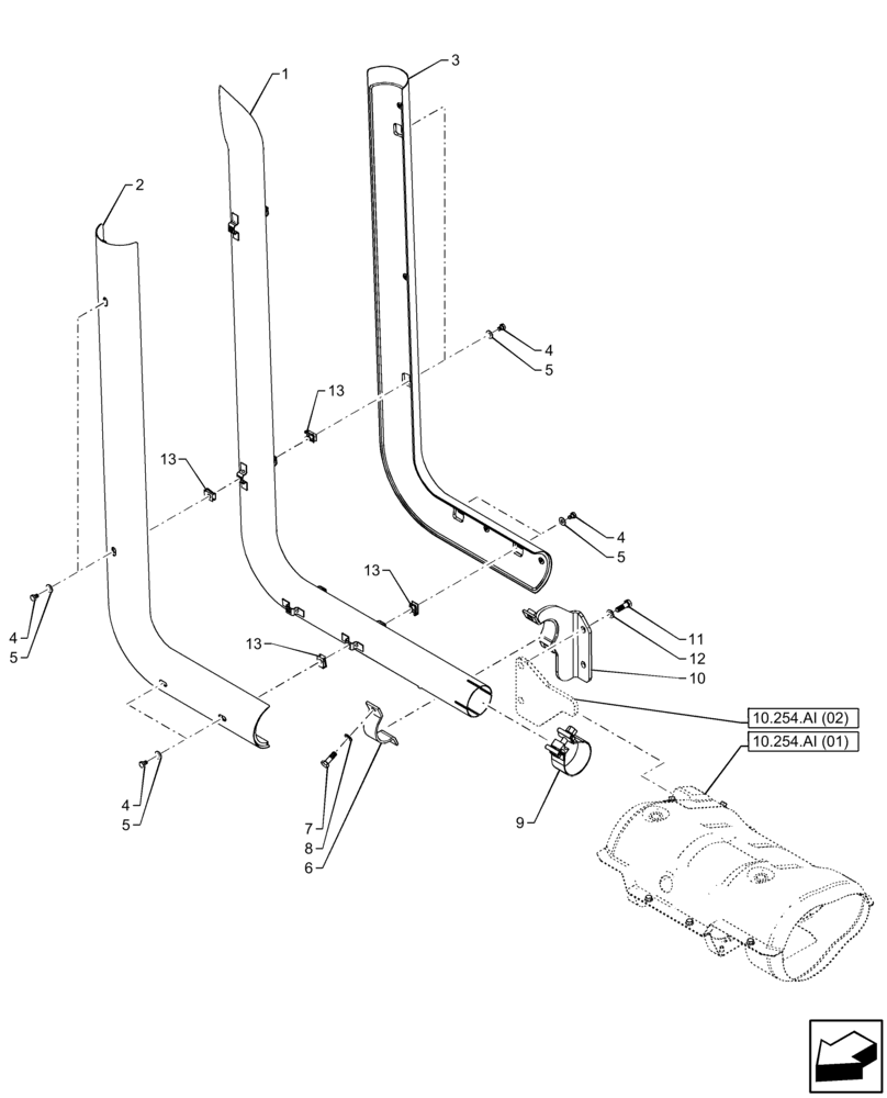 Схема запчастей Case IH FARMALL 65C - (10.254.AD[03]) - VAR - 331466, 743545 - EXHAUST SYSTEM PIPE, PILLAR, CAB (10) - ENGINE