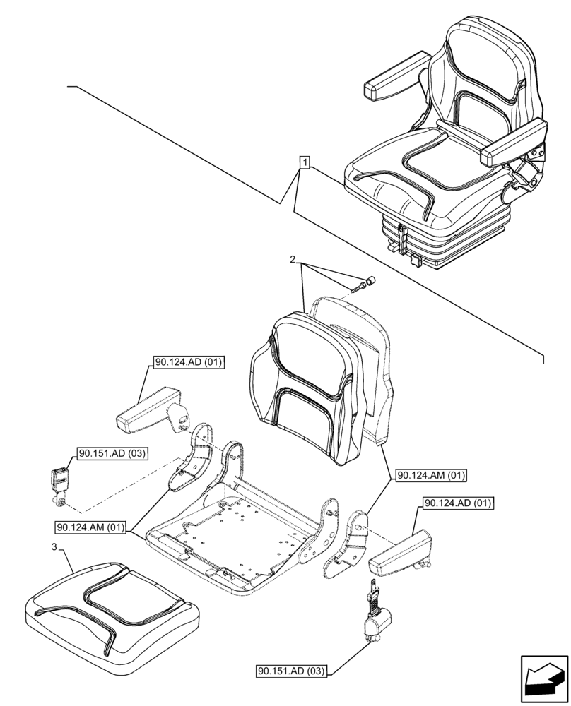 Схема запчастей Case IH FARMALL 65C - (90.124.AH[01]) - VAR - 331850 - DRIVER SEAT (W/ ARMREST), CUSHION, CAB (90) - PLATFORM, CAB, BODYWORK AND DECALS