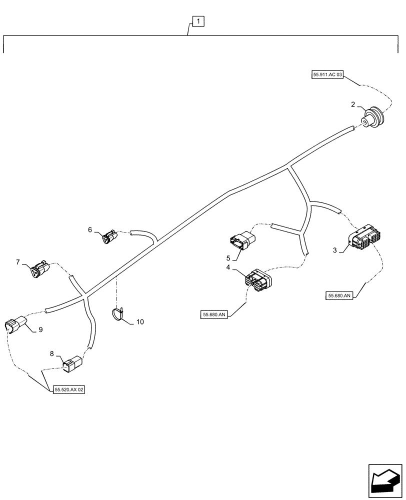 Схема запчастей Case IH WD2303 - (55.911.AC[02]) - WIRE HARNESS, "CN" GPS RECEIVER (55) - ELECTRICAL SYSTEMS