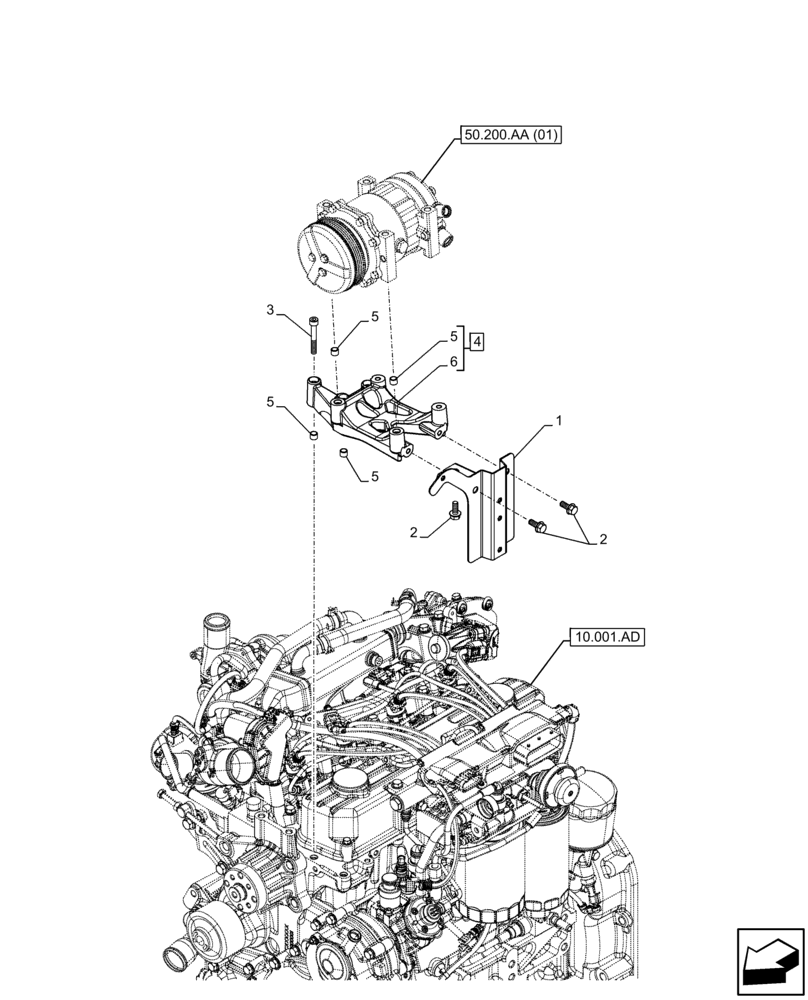 Схема запчастей Case IH FARMALL 85C - (50.200.AA [01]) - VAR - 390018 - A/C COMPRESSOR, MOUNTING, CAB (50) - CAB CLIMATE CONTROL