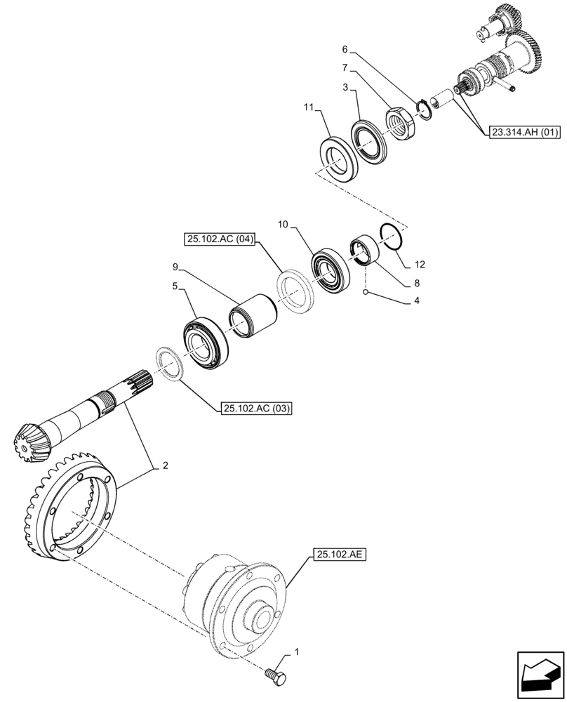 Схема запчастей Case IH FARMALL 65C - (25.102.AC[05]) - VAR - 390328, 743559, 744580 - 4WD FRONT AXLE, BEVEL GEAR, RATIO 11/31 (25) - FRONT AXLE SYSTEM