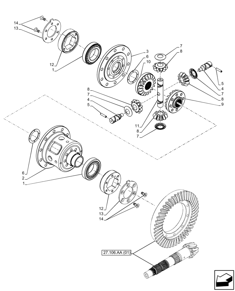 Схема запчастей Case IH FARMALL 75C - (27.106.AC) - VAR - 330274, 330276, 334174, 334175, 334176, 390067, 743546, 744576 - DIFFERENTIAL GEAR (27) - REAR AXLE SYSTEM