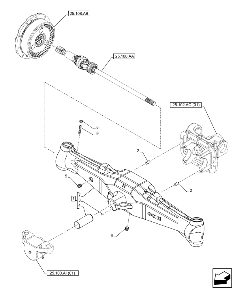 Схема запчастей Case IH FARMALL 75C - (25.100.AD) - VAR - 390328, 743559, 744580 - 4WD FRONT AXLE, HOUSING (25) - FRONT AXLE SYSTEM