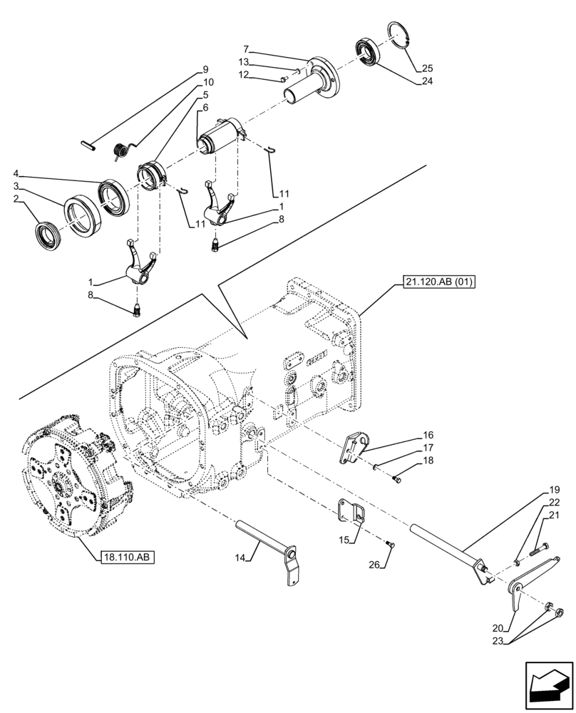 Схема запчастей Case IH FARMALL 75C - (18.100.AR[02]) - VAR - 334174, 390067, 743546, 744576 - PTO CLUTCH, CONTROL, W/O CAB (18) - CLUTCH