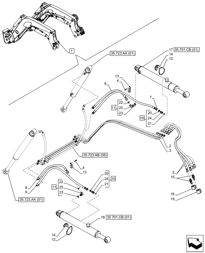 Схема запчастей Case IH FARMALL 75C - (35.701.AX[02]) - VAR - 336732, 336914 - FRONT LOADER, BOOM CYLINDER, LINES (W/ DIVERTER) (35) - HYDRAULIC SYSTEMS