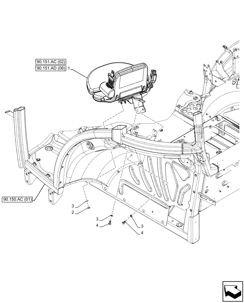 Схема запчастей Case IH FARMALL 75C - (90.151.AC[01]) - VAR - 334183, 744588 - PASSENGER SEAT, CAB (90) - PLATFORM, CAB, BODYWORK AND DECALS