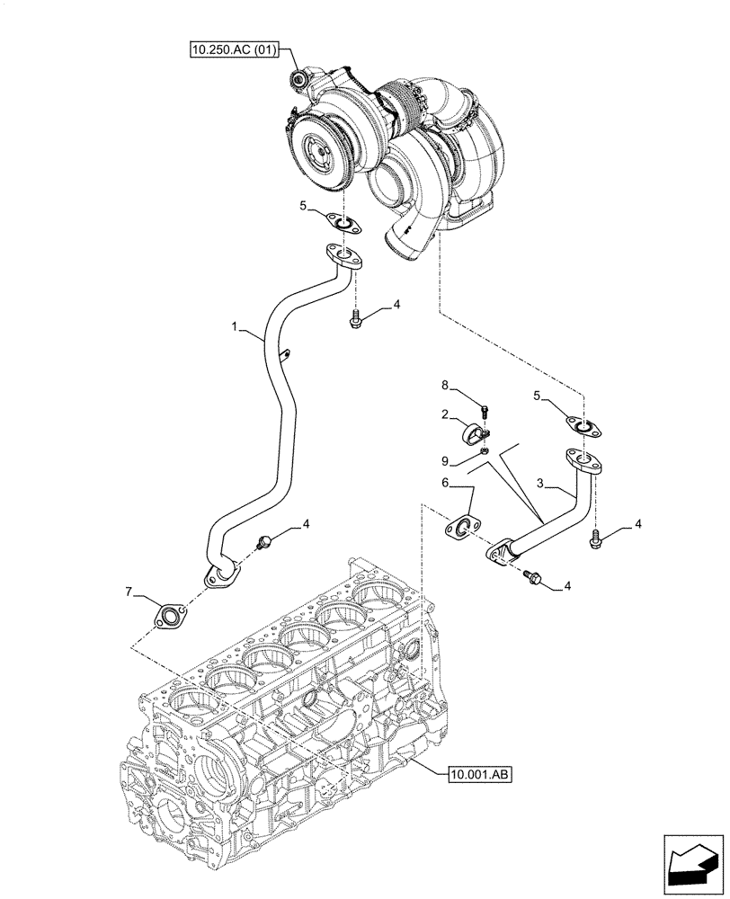 Схема запчастей Case IH F3DFE613F B001 - (10.250.AE) - TURBOCHARGER LINE (10) - ENGINE