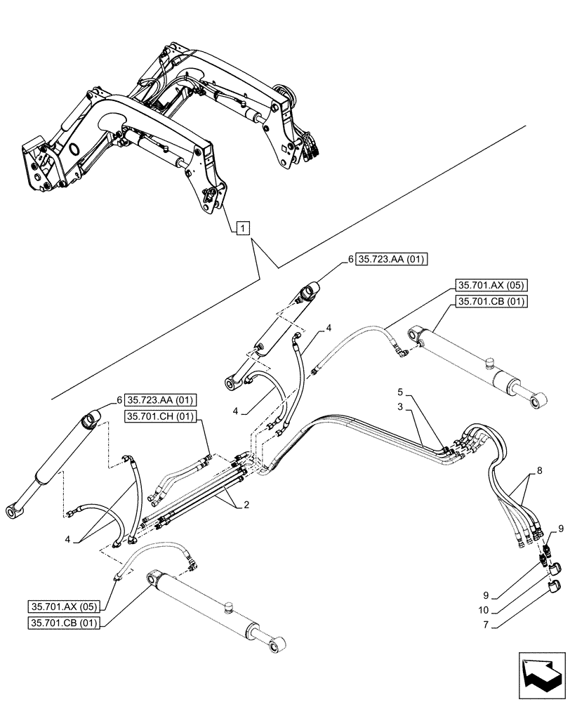 Схема запчастей Case IH FARMALL 75C - (35.723.AB[02]) - VAR - 336732, 336914 - BUCKET CYLINDER, LINES (W/ DIVERTER) (35) - HYDRAULIC SYSTEMS