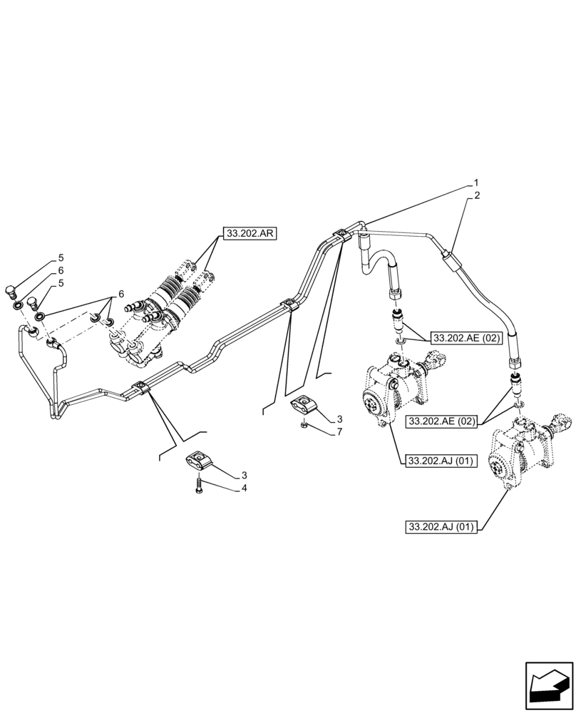 Схема запчастей Case IH FARMALL 75C - (33.202.AE[01]) - VAR - 330274, 330276, 334174, 334175, 334176, 390067, 743546, 744576 - BRAKE LINE, CAB (33) - BRAKES & CONTROLS