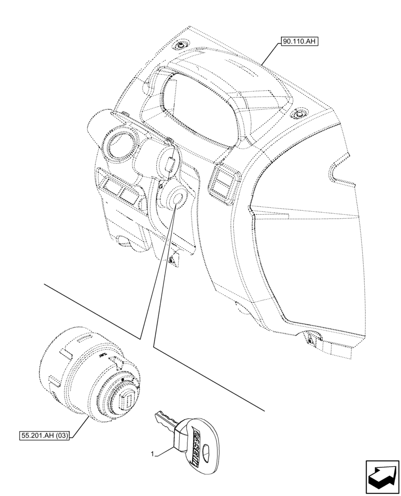 Схема запчастей Case IH FARMALL 75C - (55.201.AH [06]) - VAR - 334187, 334190, 392315 - IGNITION KEY, W/O CAB (55) - ELECTRICAL SYSTEMS