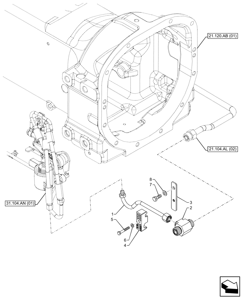 Схема запчастей Case IH FARMALL 65C - (31.104.AN[02]) - VAR - 333068, 333069, 390068 - PTO CLUTCH, OIL, LINE, W/O CAB (31) - IMPLEMENT POWER TAKE OFF