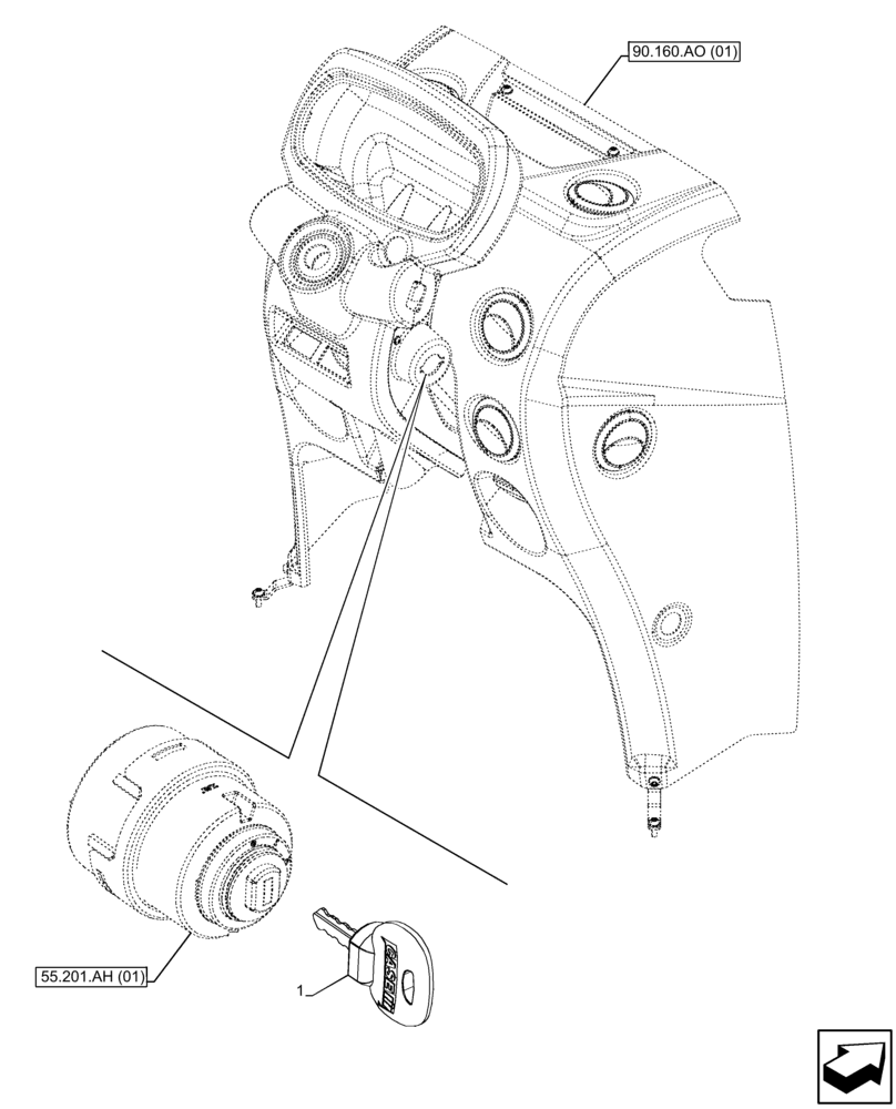 Схема запчастей Case IH FARMALL 75C - (55.201.AH [05]) - VAR - 334211, 334183, 391606, 743573, 743496, 744588 - IGNITION KEY, CAB (55) - ELECTRICAL SYSTEMS