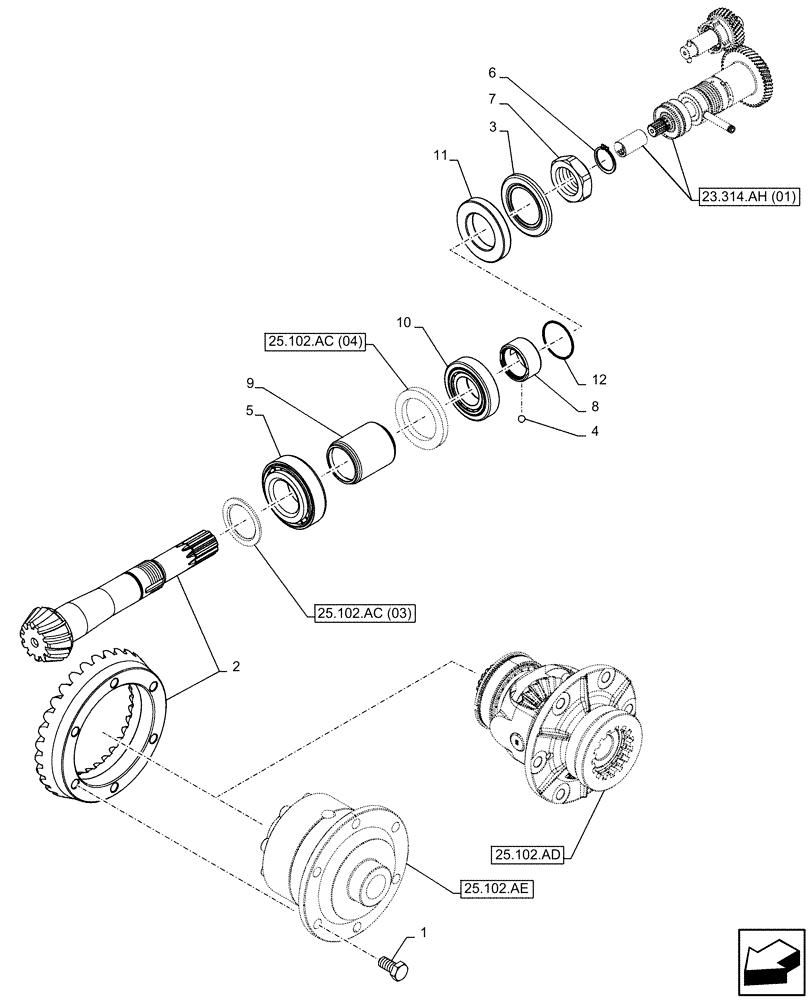 Схема запчастей Case IH FARMALL 75C - (25.102.AC[02]) - VAR - 390328, 743559, 744580 - 4WD FRONT AXLE, BEVEL GEAR, RATIO 11/37 (25) - FRONT AXLE SYSTEM