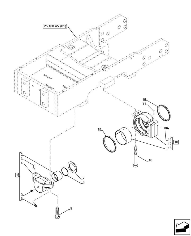 Схема запчастей Case IH FARMALL 65C - (25.100.AI) - VAR - 334216, 390274, 334218, 334361 - AXLE SUPPORT, ARTICULATION, 4WD (25) - FRONT AXLE SYSTEM