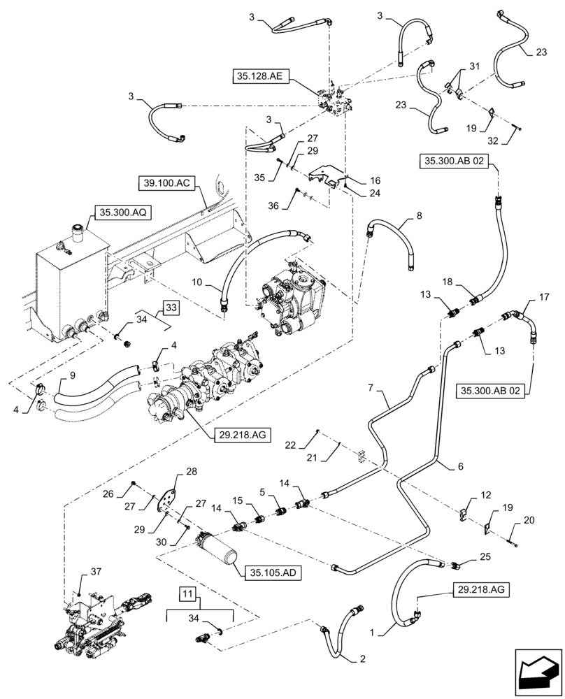 Схема запчастей Case IH WD1203 - (35.105.AC[02]) - HYDRAULIC SYSTEM, OIL COOLER, RETURN LINES & FILTER, 4 CYL DRAPER (35) - HYDRAULIC SYSTEMS