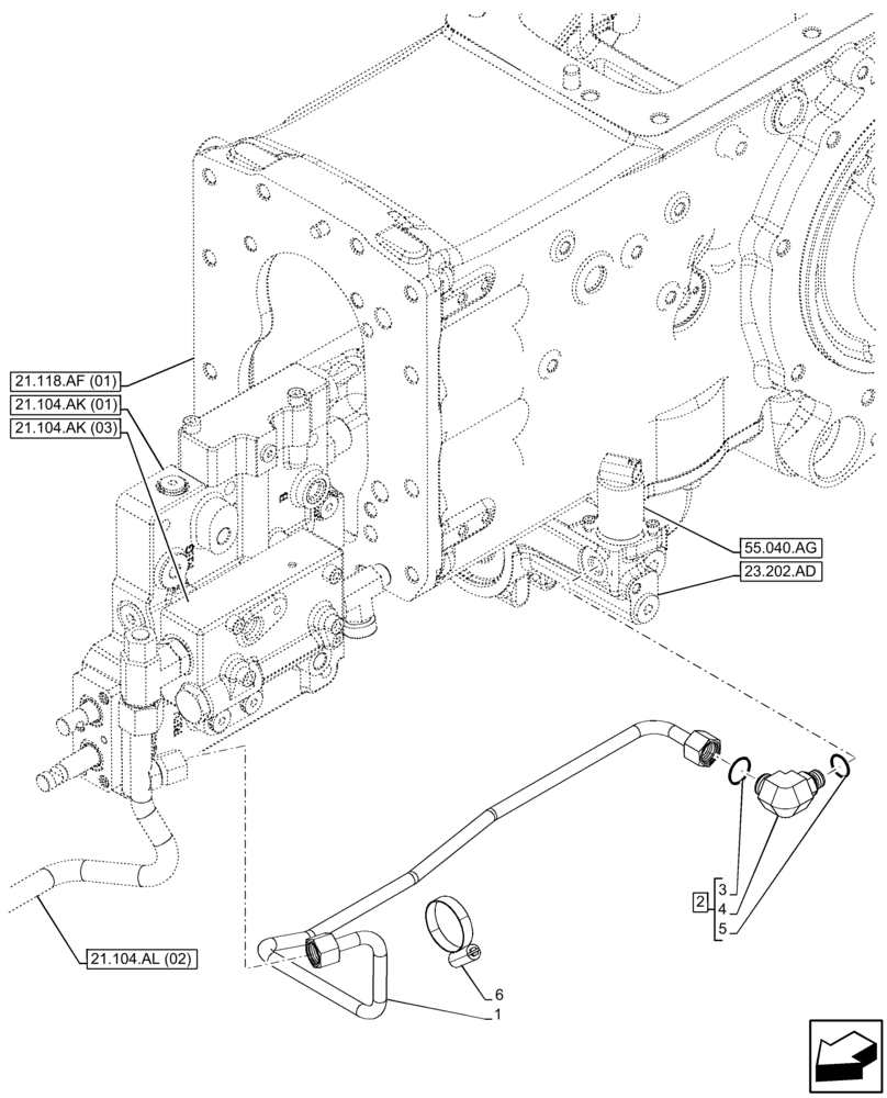 Схема запчастей Case IH FARMALL 65C - (23.202.AN[02]) - VAR - 335694, 335695, 744580 - TRANSMISSION LUBRICATION LINE (23) - FOUR WHEEL DRIVE SYSTEM