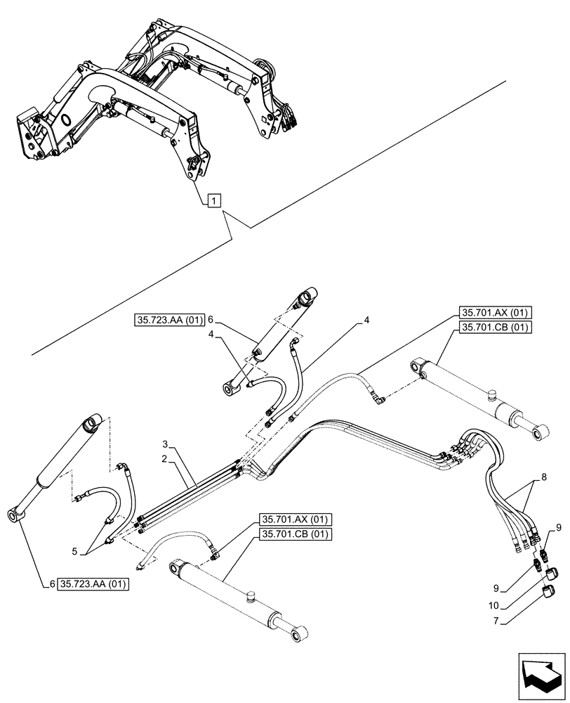 Схема запчастей Case IH FARMALL 65C - (35.723.AB[01]) - VAR - 333489, 335489, 336732, 336914 - BUCKET CYLINDER, LINES (35) - HYDRAULIC SYSTEMS