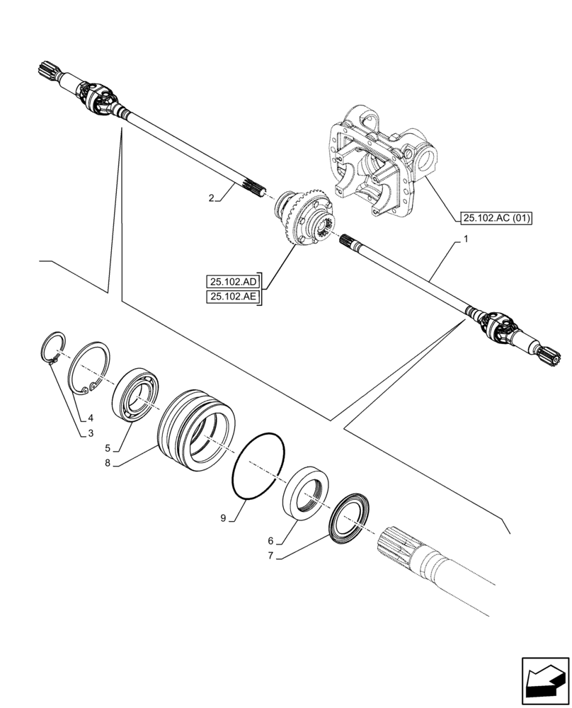 Схема запчастей Case IH FARMALL 65C - (25.108.AA) - VAR - 390328, 743559, 744580 - 4WD FRONT AXLE, SHAFT (25) - FRONT AXLE SYSTEM