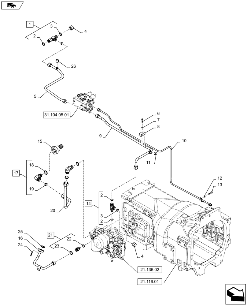 Схема запчастей Case IH PUMA 160 - (21.136.01[01A]) - HYDRAULIC LINES - TRANSMISSION CONTROL - D7113 (21) - TRANSMISSION