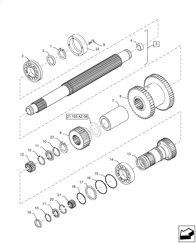 Схема запчастей Case IH PUMA2104 - (21.155.AZ[04]) - SPEED GEARS AND CLUTCHES - TOP DRIVING SHAFT AND GEARS (21) - TRANSMISSION