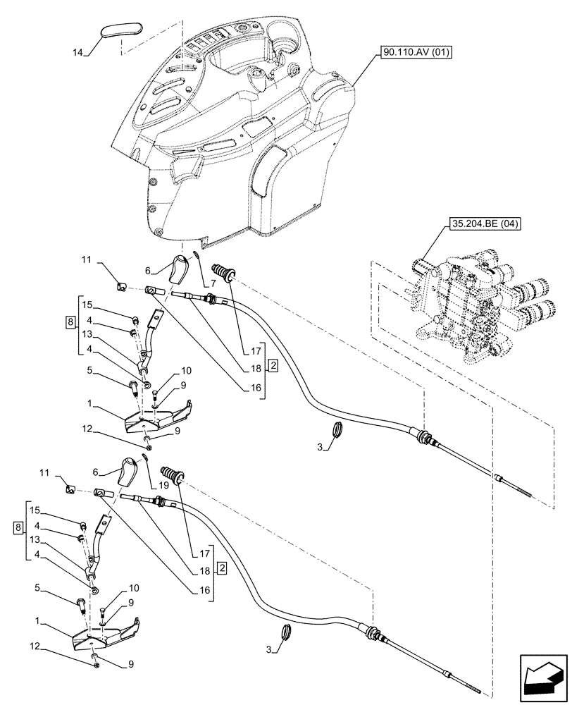 Схема запчастей Case IH FARMALL 65C - (35.204.BL[04]) - VAR - 334107, 743569 - REMOTE CONTROL VALVE, CONTROL LEVER (2 REMOTE), W/O CAB (35) - HYDRAULIC SYSTEMS