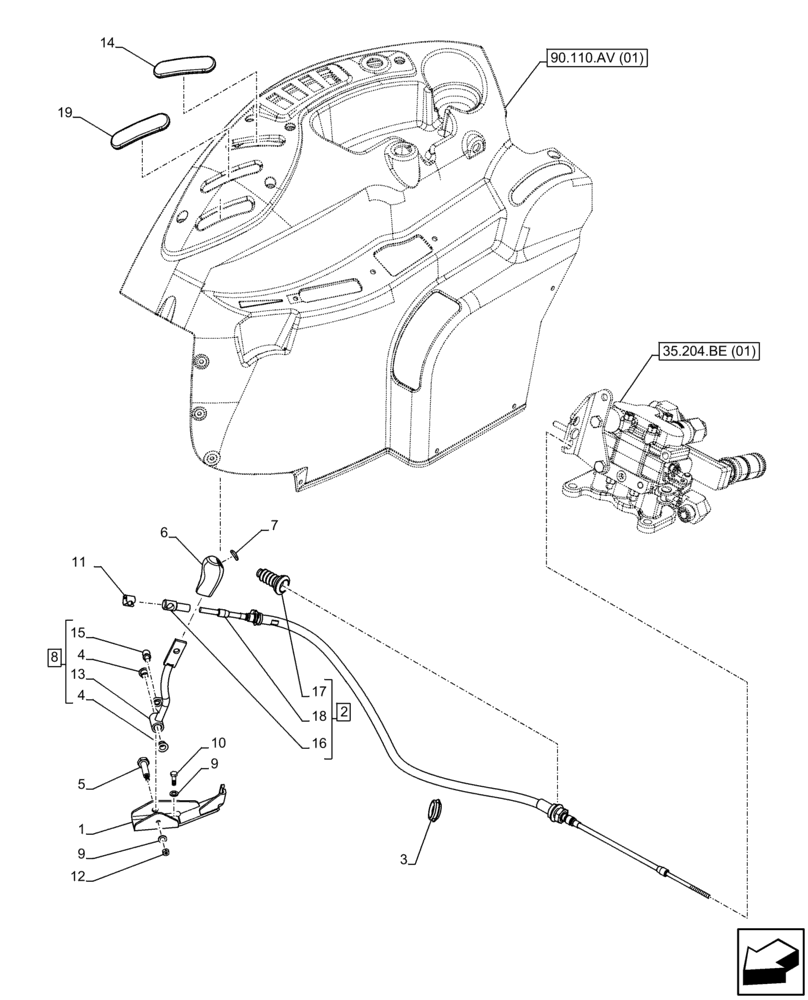 Схема запчастей Case IH FARMALL 65C - (35.204.BL[02]) - VAR - 390107, 743568 - REMOTE CONTROL VALVE, CONTROL LEVER (1 REMOTE), W/O CAB (35) - HYDRAULIC SYSTEMS