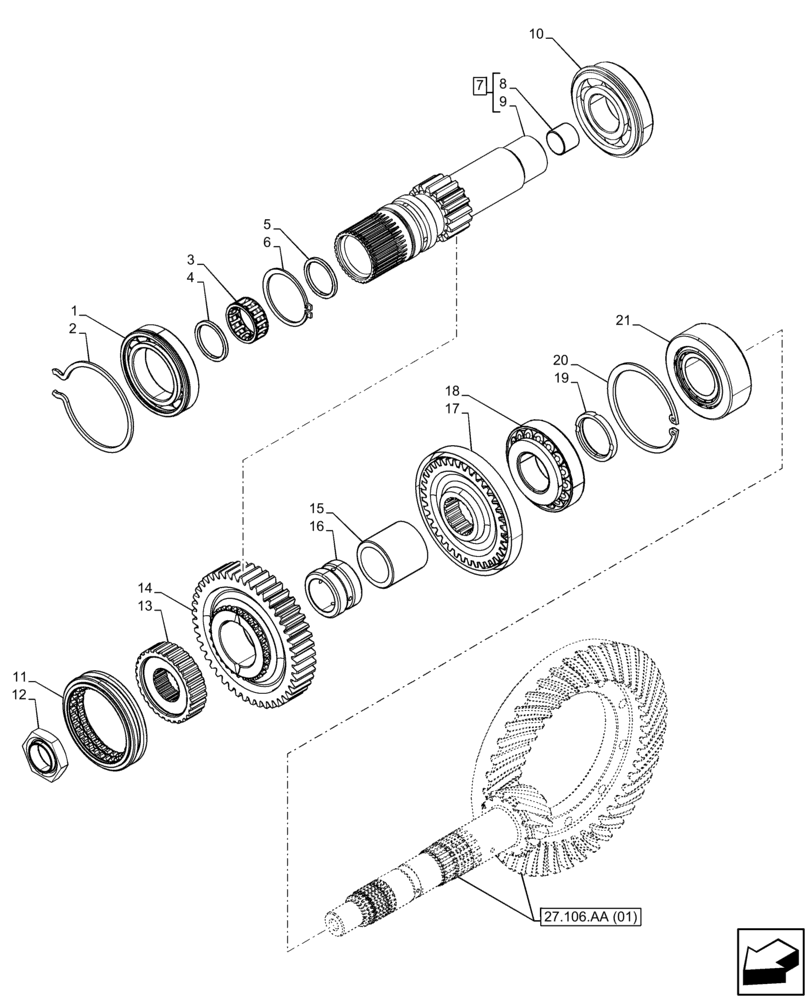 Схема запчастей Case IH FARMALL 65C - (21.148.AQ[02]) - VAR - 332068, 333068, 334068, 390068 - CENTRAL REDUCTION GEAR, SHAFT & GEAR (21) - TRANSMISSION