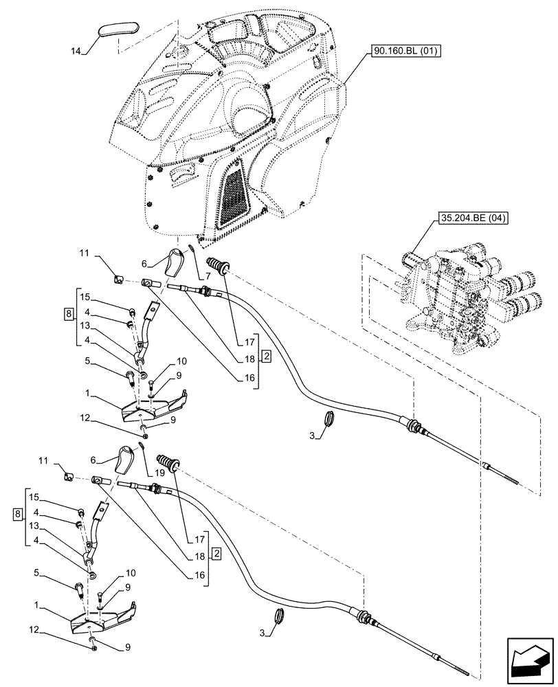 Схема запчастей Case IH FARMALL 65C - (35.204.BL[03]) - VAR - 334107, 743569 - REMOTE CONTROL VALVE, CONTROL LEVER (2 REMOTE), CAB (35) - HYDRAULIC SYSTEMS