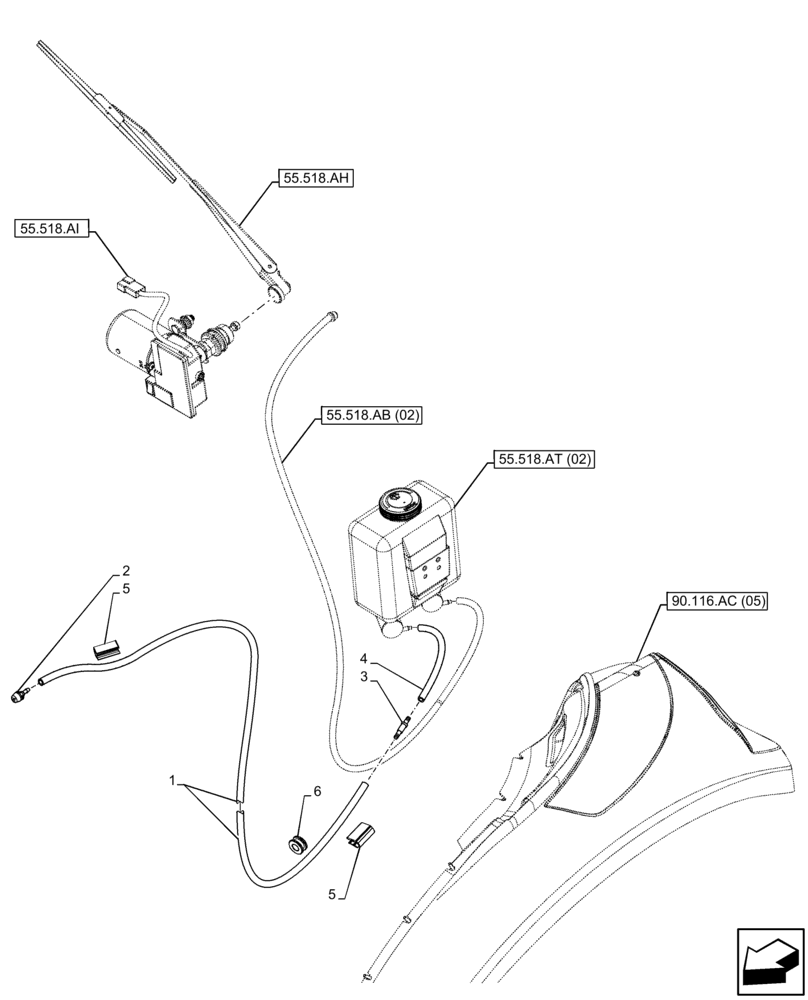 Схема запчастей Case IH FARMALL 65C - (55.518.AP[02]) - VAR - 334183, 335632, 744588 - WINDSHIELD WASH RESERVOIR, HOSE, CAB (55) - ELECTRICAL SYSTEMS