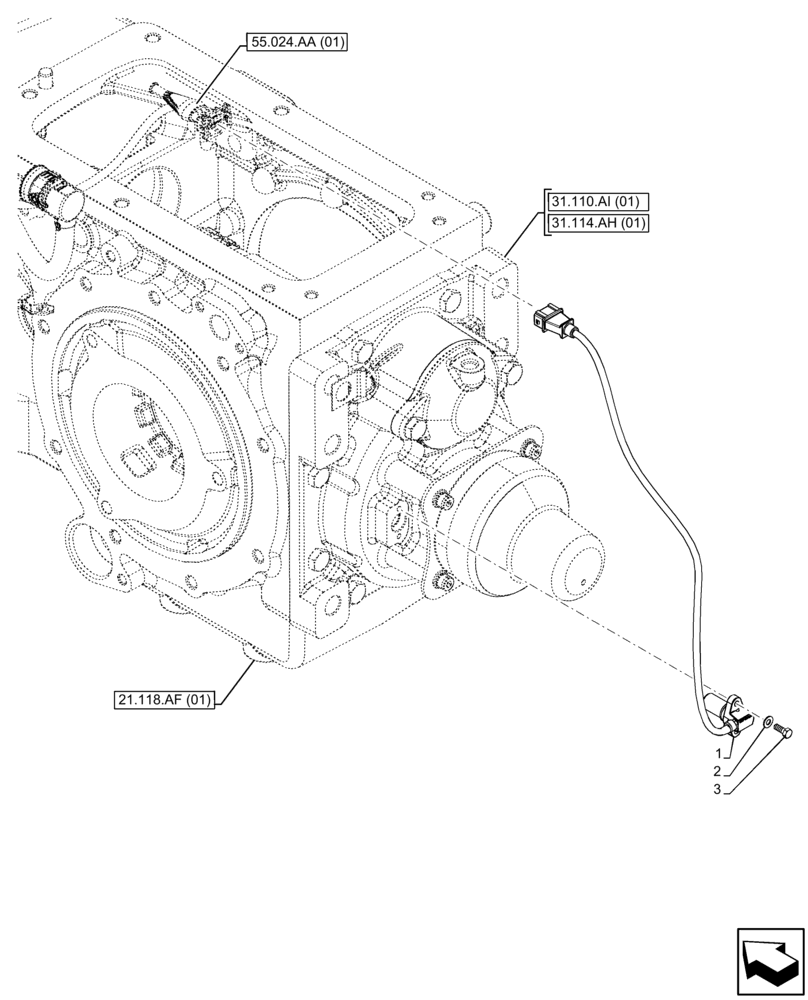 Схема запчастей Case IH FARMALL 65C - (55.048.AI[02]) - VAR - 334183, 334211, 391606, 743496, 743573, 744588 - PTO, SENSOR, CAB (55) - ELECTRICAL SYSTEMS