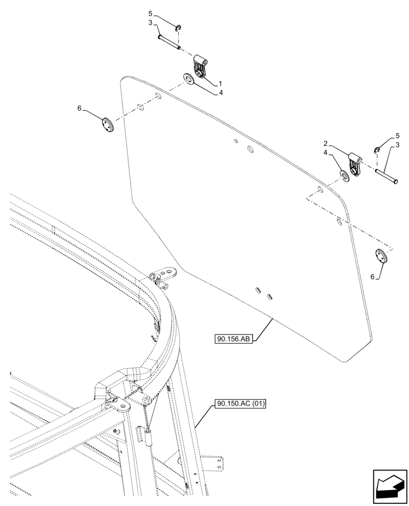 Схема запчастей Case IH FARMALL 65C - (90.156.AD) - VAR - 334183, 334211, 391606, 743496, 743573, 744588 - WINDOW, REAR, HINGE (90) - PLATFORM, CAB, BODYWORK AND DECALS