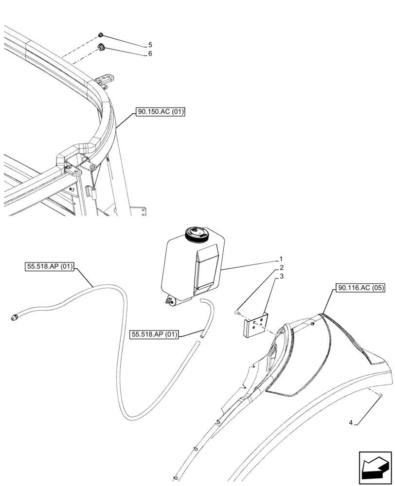 Схема запчастей Case IH FARMALL 65C - (55.518.AT[01]) - VAR - 334211, 391606, 743496, 743573 - WINDSHIELD WASH RESERVOIR, CAB (55) - ELECTRICAL SYSTEMS