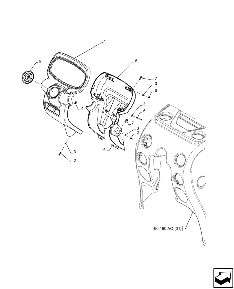 Схема запчастей Case IH FARMALL 75C - (90.160.AO[02]) - VAR - 334183, 334211, 391606, 743496, 743573, 744588 - CAB INTERIOR TRIM, STEERING COLUMN (90) - PLATFORM, CAB, BODYWORK AND DECALS