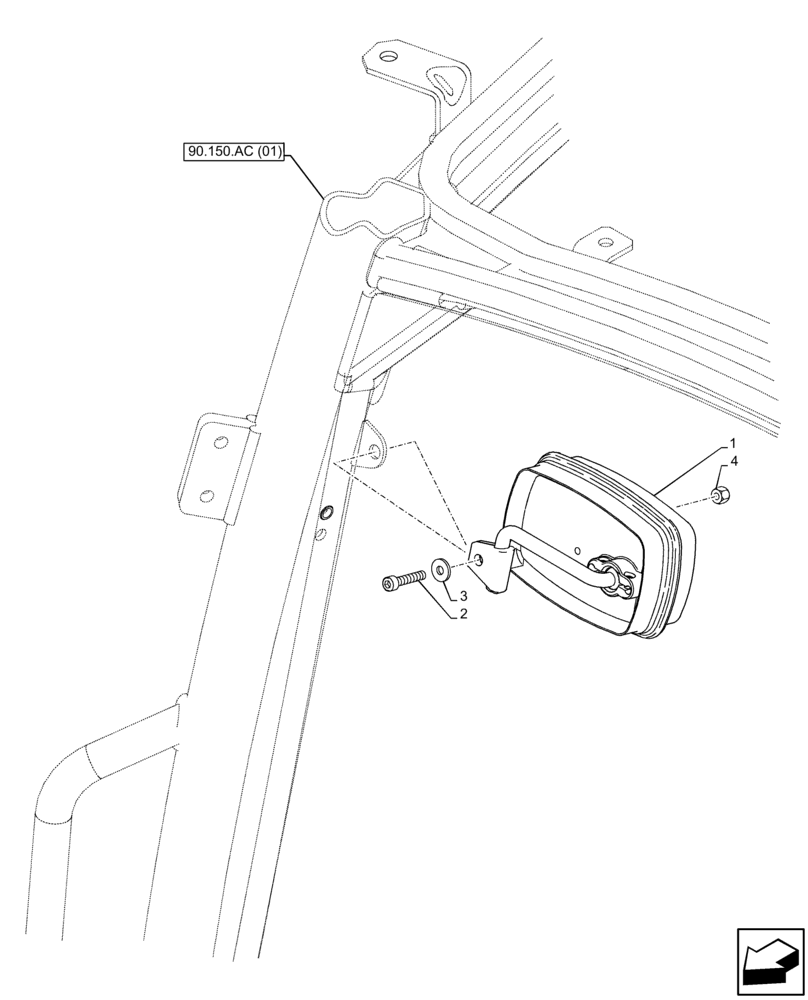 Схема запчастей Case IH FARMALL 65C - (90.151.AK) - VAR - 334183, 335632, 744588 - REAR VIEW MIRROR, INSIDE, W/ CAB (90) - PLATFORM, CAB, BODYWORK AND DECALS