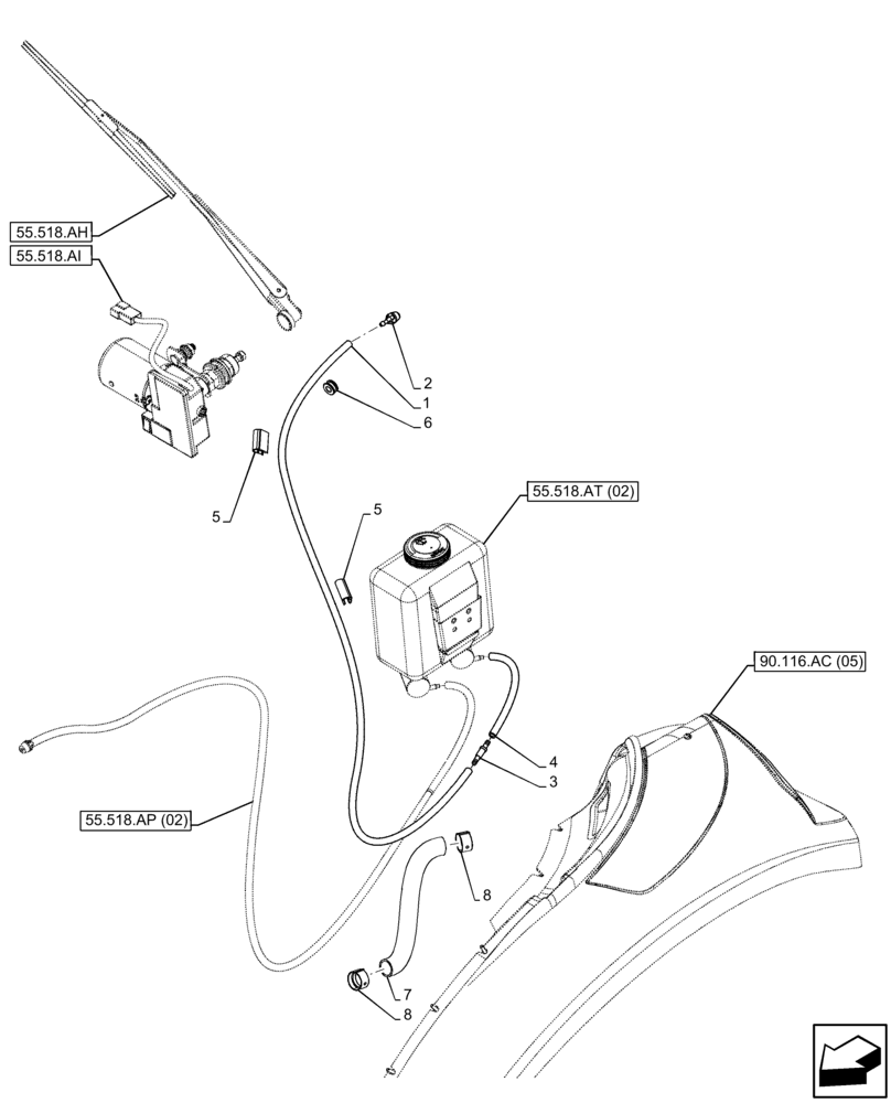 Схема запчастей Case IH FARMALL 65C - (55.518.AB[02]) - VAR - 334183, 335632, 744588 - REAR, WINDOW, HOSE, CAB (55) - ELECTRICAL SYSTEMS