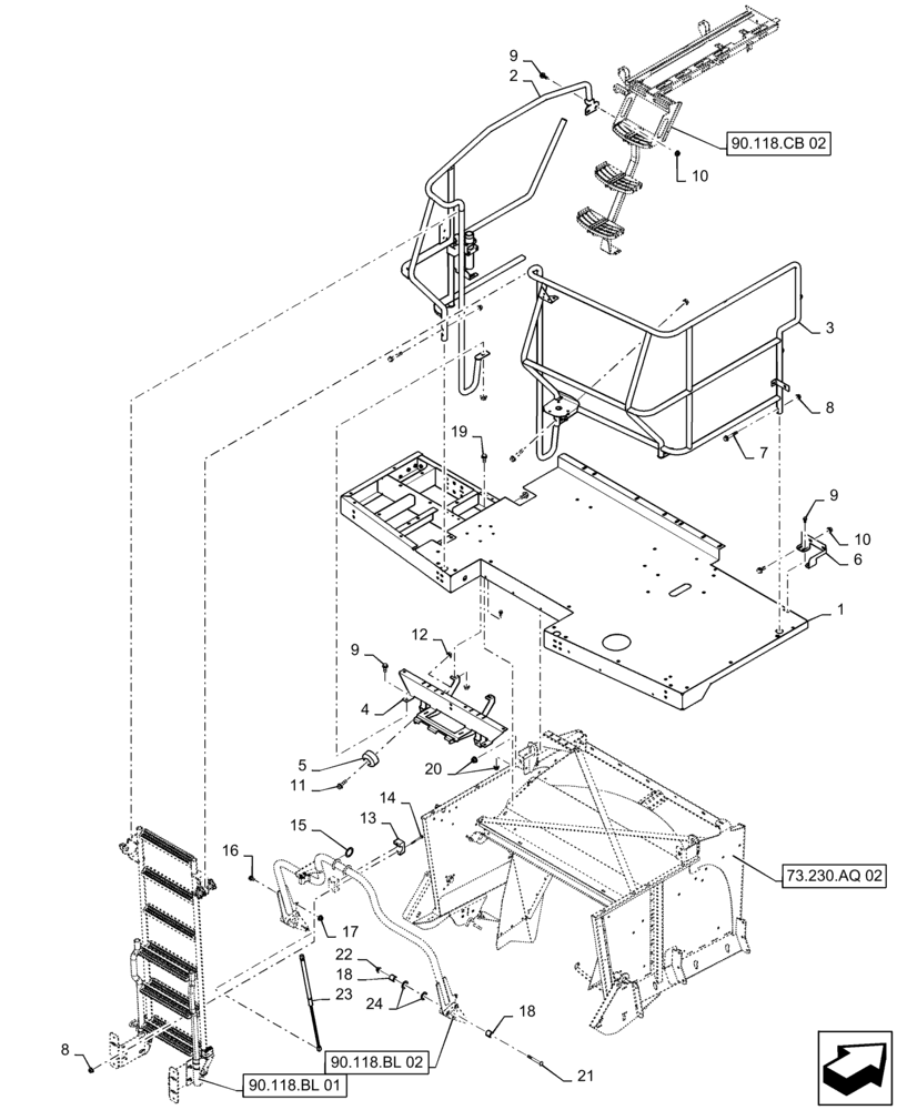 Схема запчастей Case IH 7230 - (90.118.CB[01]) - PLATFORM, REAR, LADDER (90) - PLATFORM, CAB, BODYWORK AND DECALS