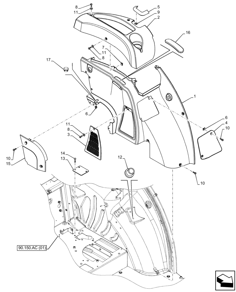 Схема запчастей Case IH FARMALL 75C - (90.160.AM[01]) - VAR - 334211, 391606, 743496, 743573 - CAB INTERIOR TRIM, LEFT SIDE (90) - PLATFORM, CAB, BODYWORK AND DECALS