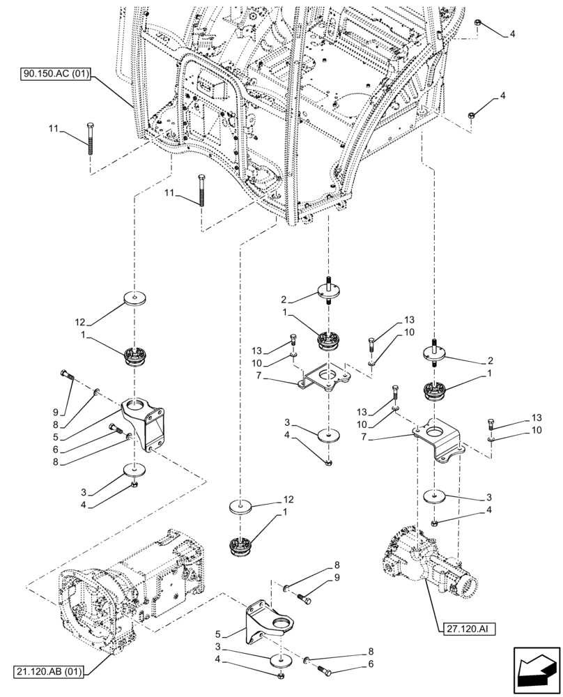 Схема запчастей Case IH FARMALL 65C - (90.150.BB) - VAR - 334183, 334211, 391606, 743496, 743573, 744588 - CAB SUPPORT (90) - PLATFORM, CAB, BODYWORK AND DECALS