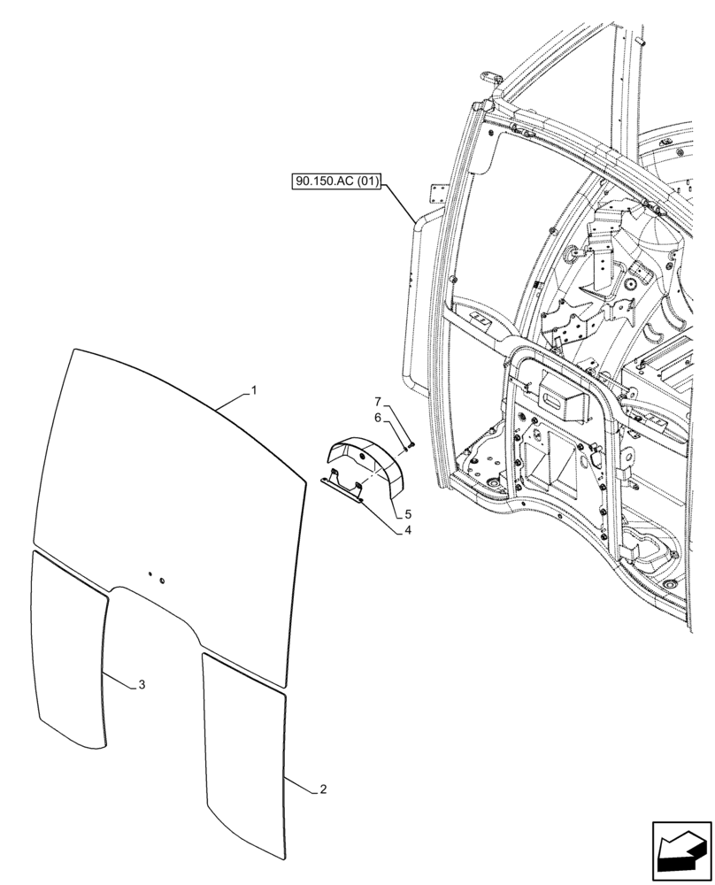 Схема запчастей Case IH FARMALL 65C - (90.156.AL) - VAR - 334183, 334211, 391606, 743496, 743573, 744588 - CAB GLASS, WINDSHIELD (90) - PLATFORM, CAB, BODYWORK AND DECALS