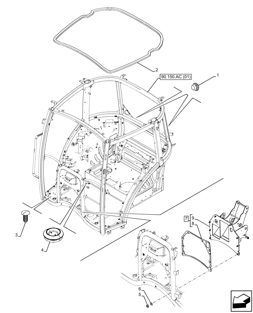 Схема запчастей Case IH FARMALL 75C - (90.150.AC[02]) - VAR - 334183, 334211, 391606, 743496, 743573, 744588 - CAB FRAME, SPARK ARRESTER (90) - PLATFORM, CAB, BODYWORK AND DECALS