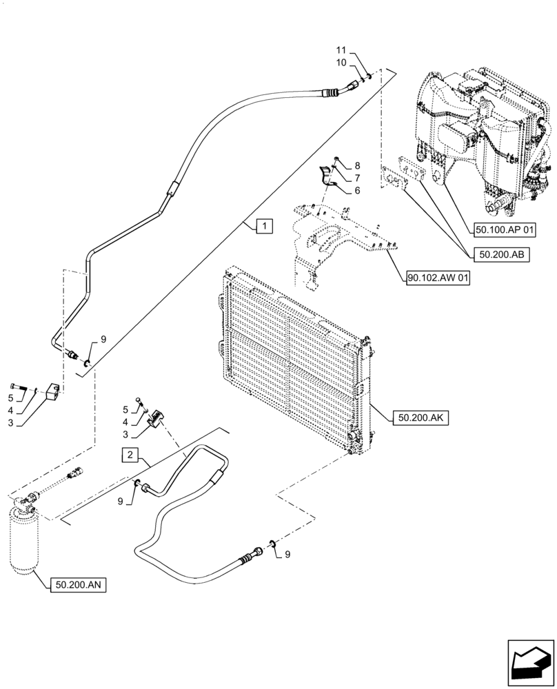 Схема запчастей Case IH FARMALL 65C - (50.200.BB) - VAR - 334183, 334211, 391606, 743496, 743573, 744588 - AIR CONDITIONER, CONDENSER, LINE (50) - CAB CLIMATE CONTROL