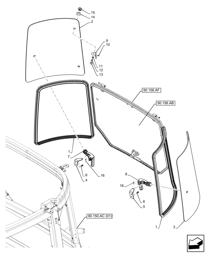 Схема запчастей Case IH FARMALL 75C - (90.156.AI[02]) - VAR - 334183, 334211, 743573, 744588 - GLASS, REAR, RIGHT SIDE, LEFT SIDE, OPENABLE (90) - PLATFORM, CAB, BODYWORK AND DECALS