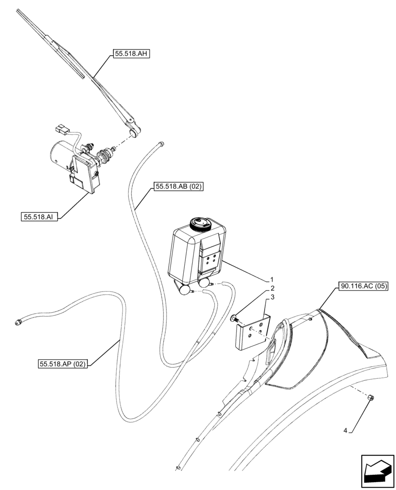 Схема запчастей Case IH FARMALL 65C - (55.518.AT[02]) - VAR - 334183, 335632, 744588 - WINDSHIELD WASH RESERVOIR, CAB (55) - ELECTRICAL SYSTEMS