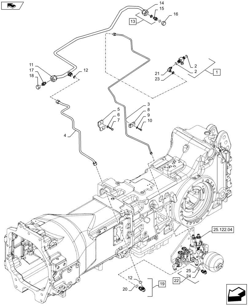 Схема запчастей Case IH PUMA 130 - (25.122.03[01A]) - VAR - 330414, 330427, 330429, 330430 - SUSPENDED FRONT AXLE - CONTROL VALVE LINES - D7113 - C7286 (25) - FRONT AXLE SYSTEM