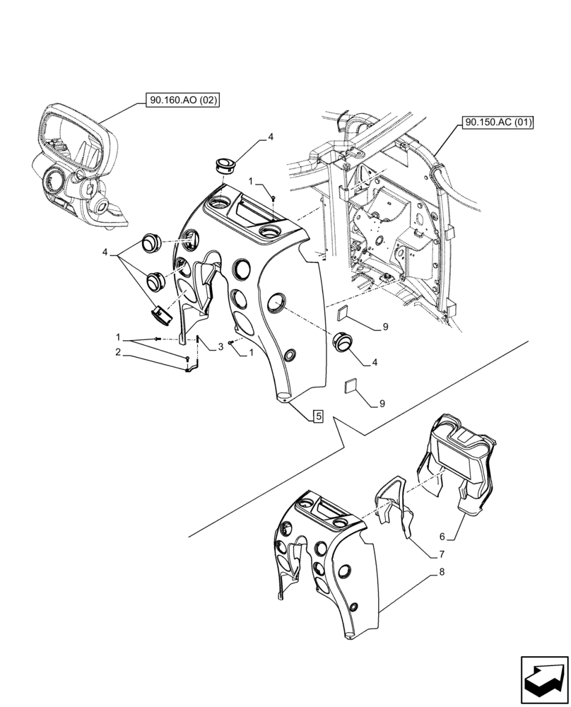 Схема запчастей Case IH FARMALL 65C - (90.160.AO[01]) - VAR - 334183, 334211, 391606, 743496, 743573, 744588 - CAB INTERIOR TRIM, CONSOLE, FRONT (90) - PLATFORM, CAB, BODYWORK AND DECALS